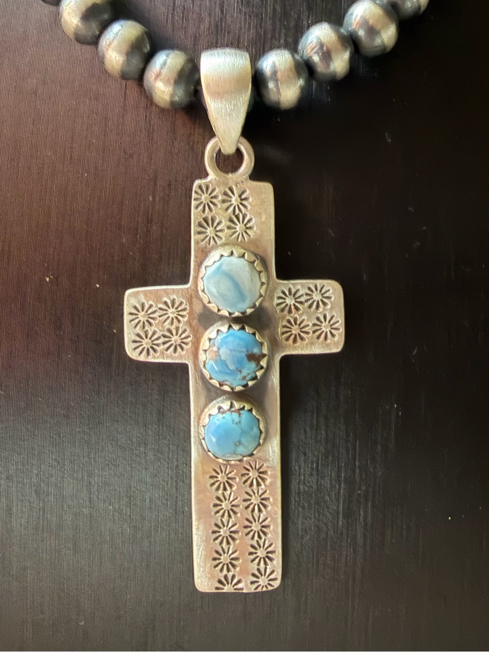Sterling Silver Cross Pendant Necklace with Golden Hills Turquoise Beads